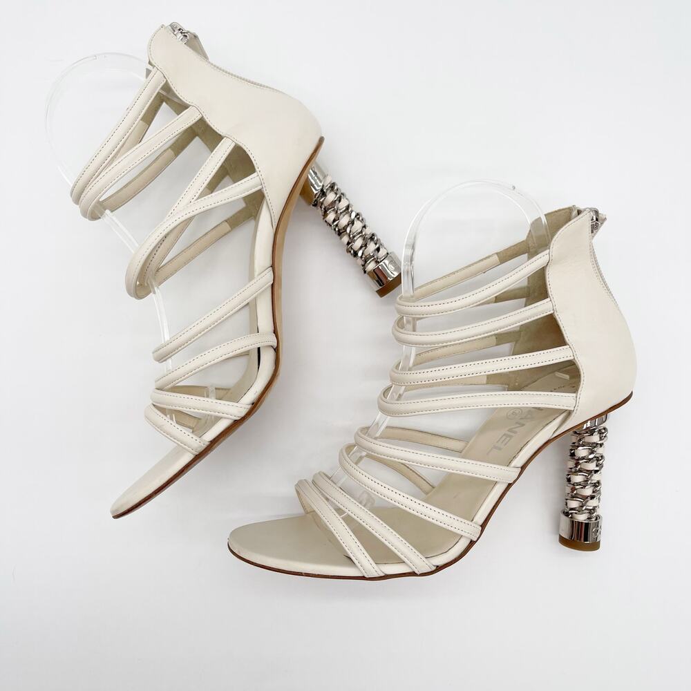 Chanel Ivory Leather Caged Coco Tower Chain Link Heel Ankle Zip Sandals EU 39 - Picture 5 of 12